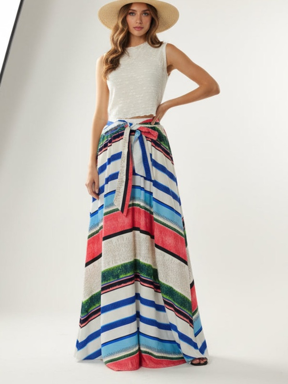 Striped Tie-Waist Maxi Skirt in Blue, Red & Green